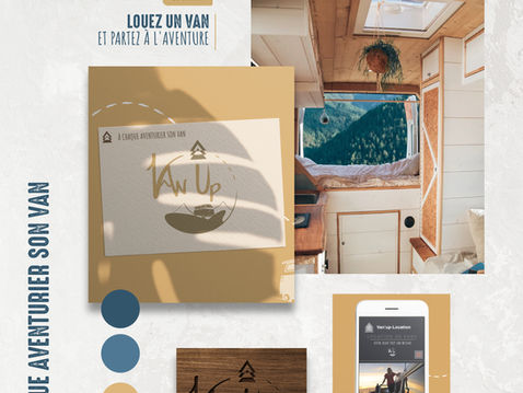 Planche présentant l'identité visuelle de VanUp, incluant le logo, la palette de couleurs et les éléments graphiques qui illustrent l'artisanat et la personnalisation des aménagements de vans.