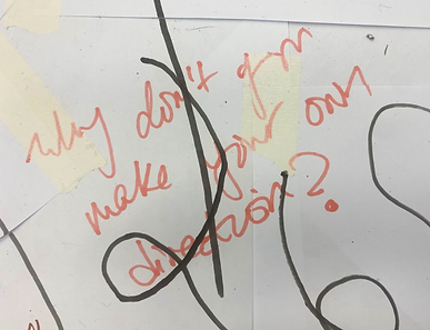 Zoom in of the workshop drawing: reads "why don't you make your own direction?"