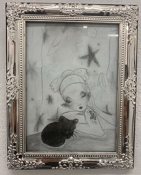 A drawing of a girl sleeping next to a black cat.