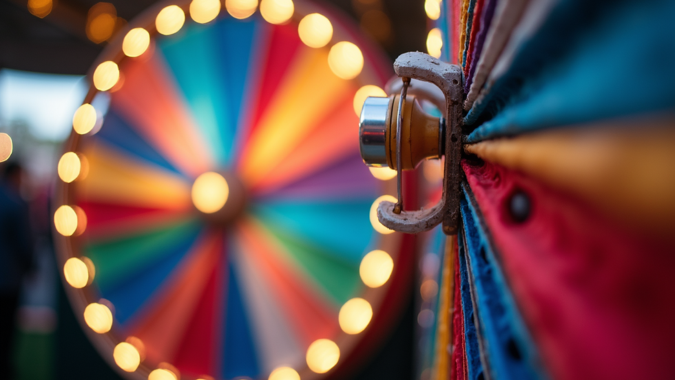 Close-up view of a colorful prize wheel at an event