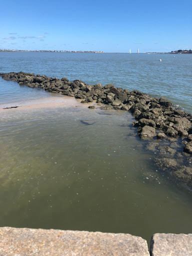 A photograph of the Atlantic Ocean with a rocky jetty extending out into the water. On the right side is deeper water, on the left side is shallow water showing sand. At the very front of the photo is the edge of a brick wall.