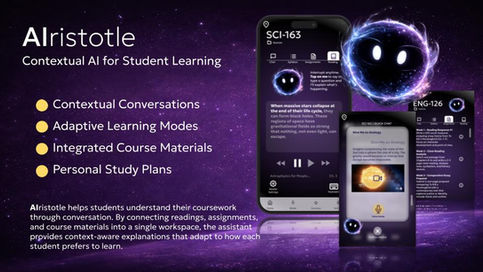 Concept design for Aristotle, an AI learning assistant mobile app showing contextual study conversations, adaptive learning features, and integrated course materials for students.