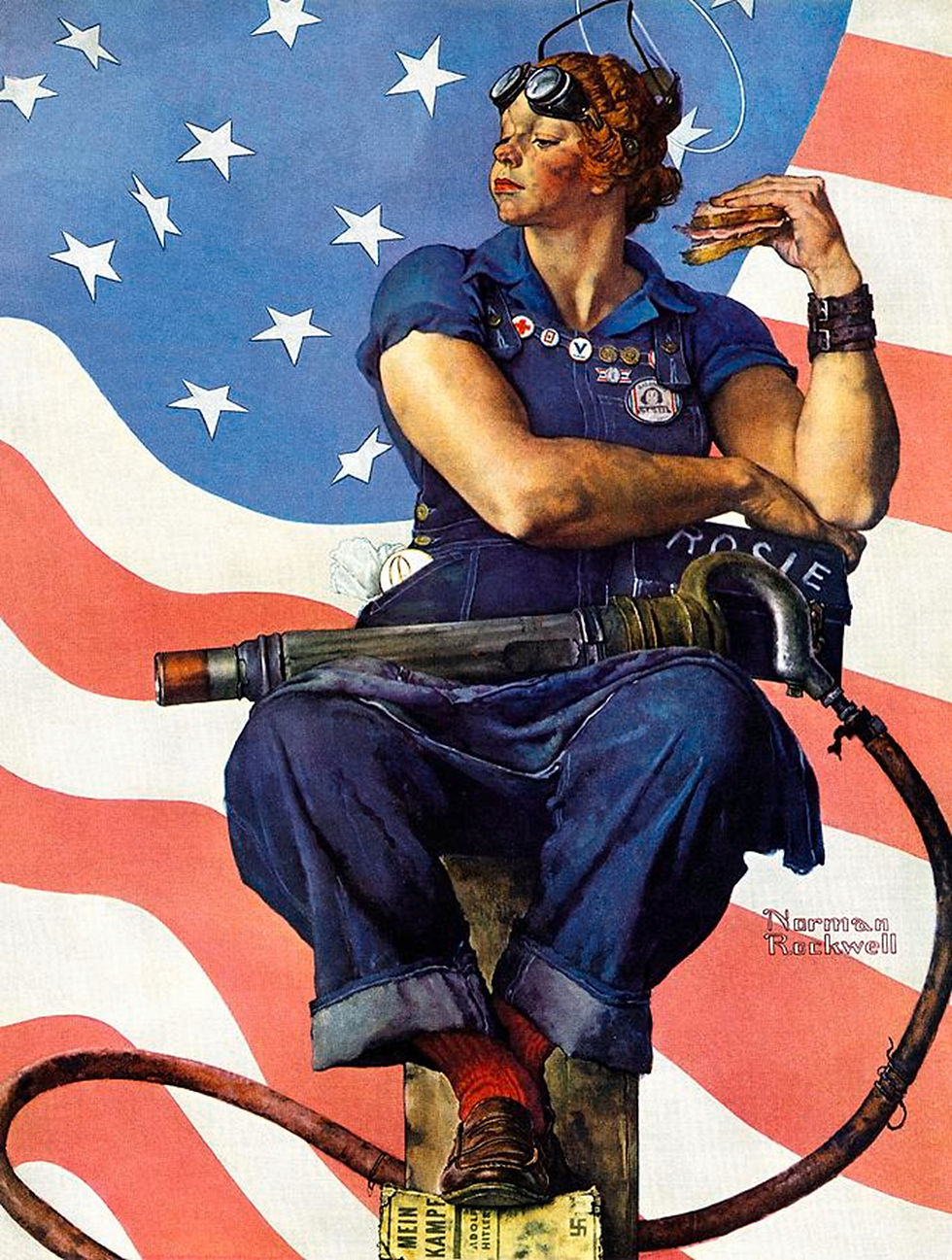 Rosie the Riveter-style woman in overalls and goggles eats a sandwich against a waving American flag, Norman Rockwell text in small print on the image. 