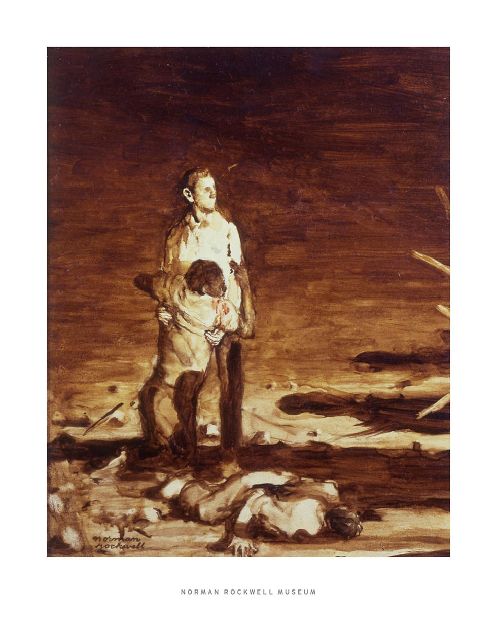 Sepia painting of a man standing over another figure, with a body on the ground; Norman Rockwell Museum text below.