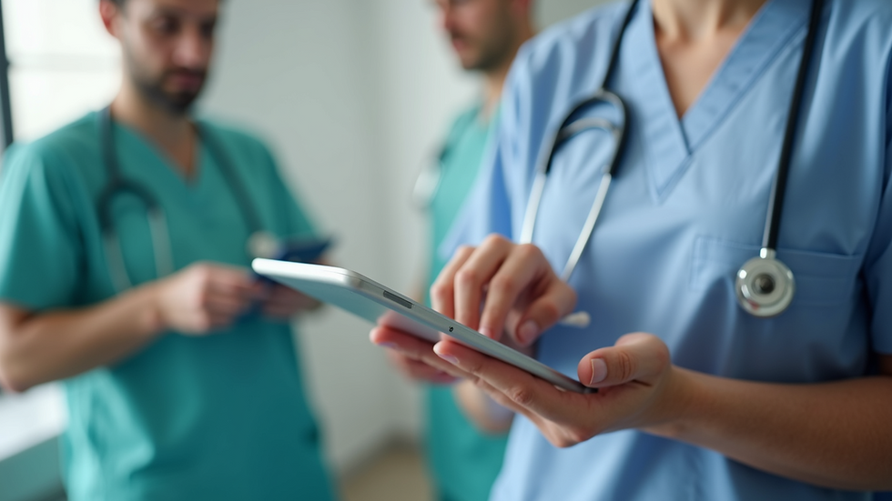 Close-up view of a caregiver using a tablet to manage medication