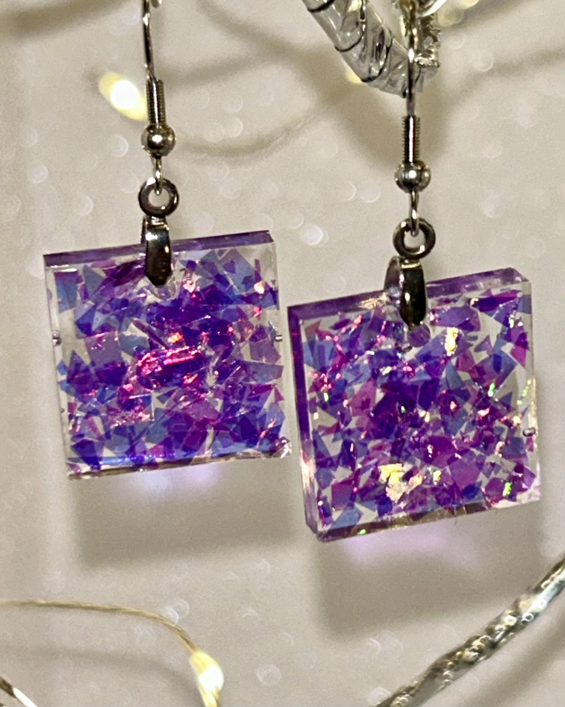 Purple resin stainless steel square-shaped pierced earrings