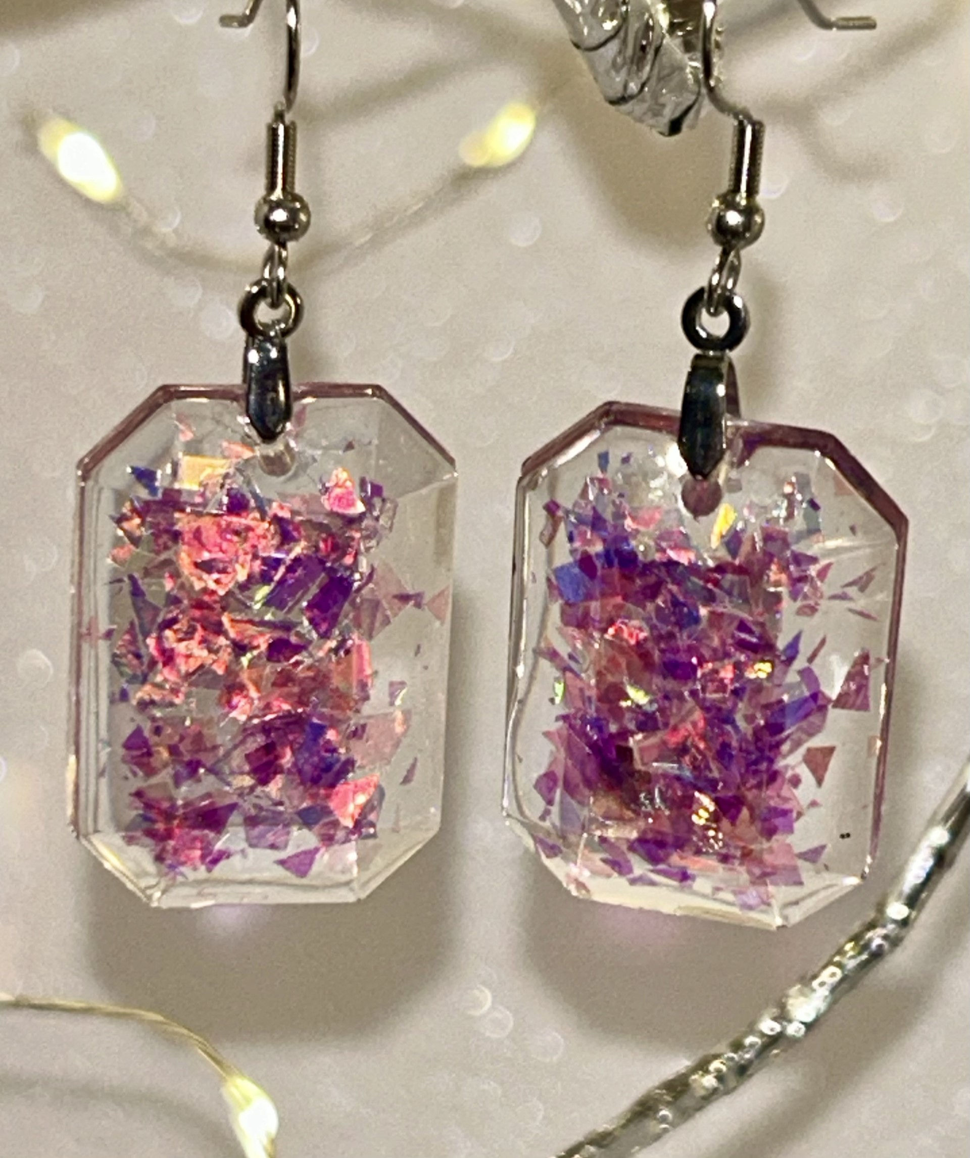 Pink resin stainless steel emerald-shaped pierced earrings