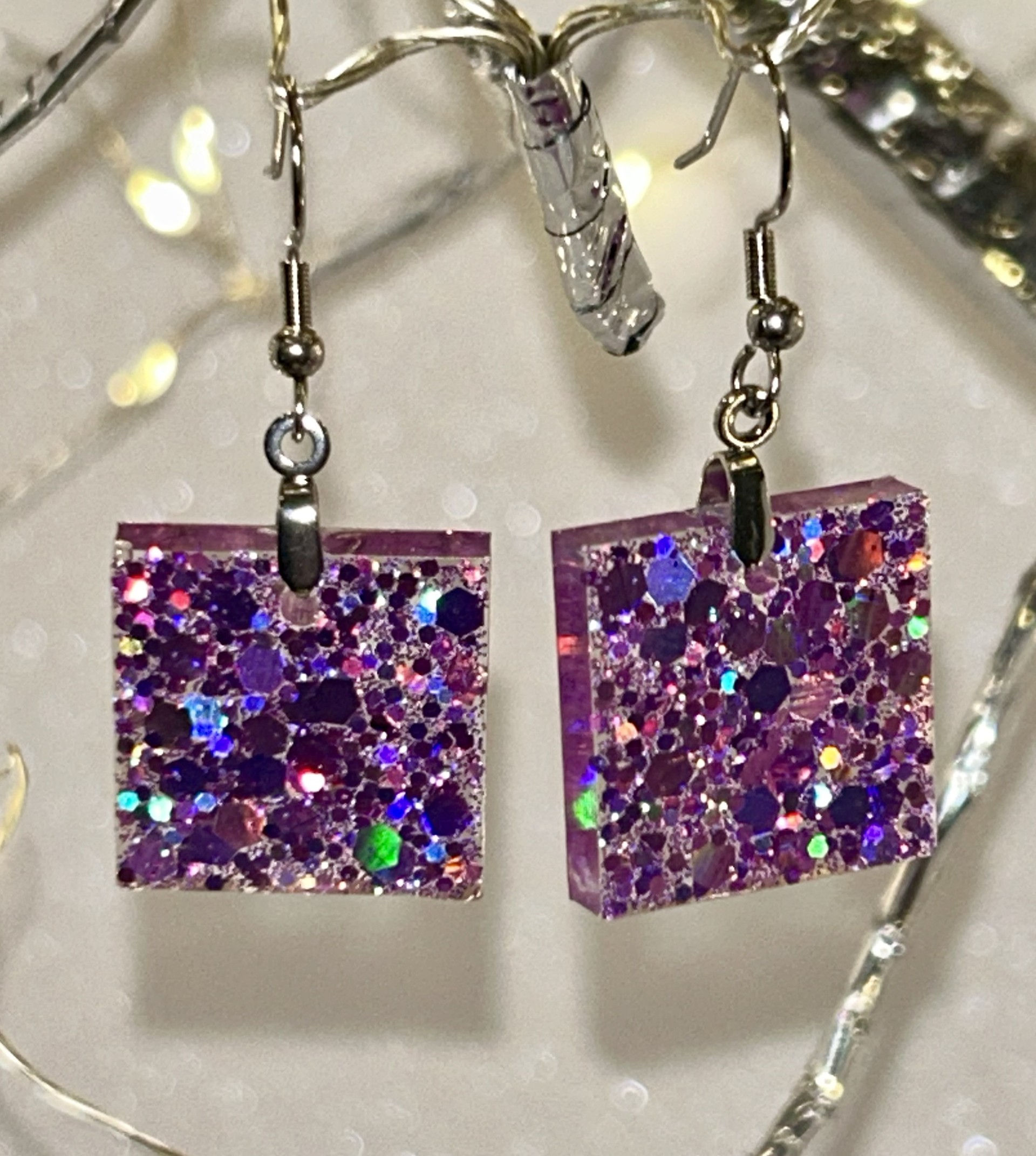 Purple resin stainless steel square-shaped pierced earrings
