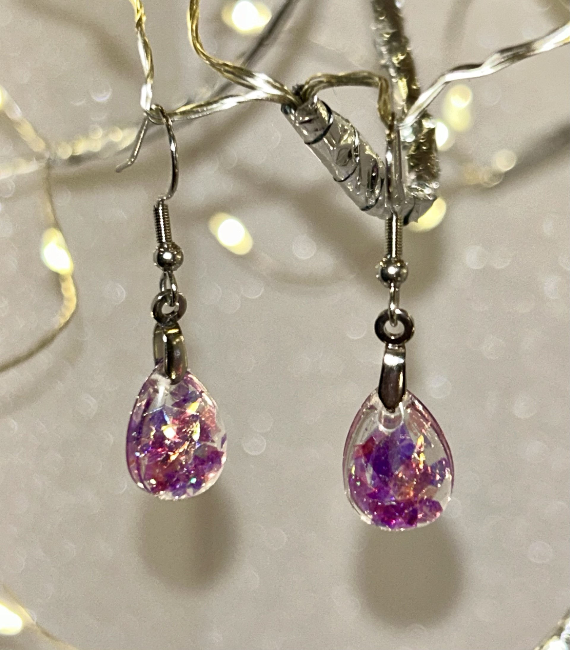 Pink resin stainless steel pear-shaped pierced earrings