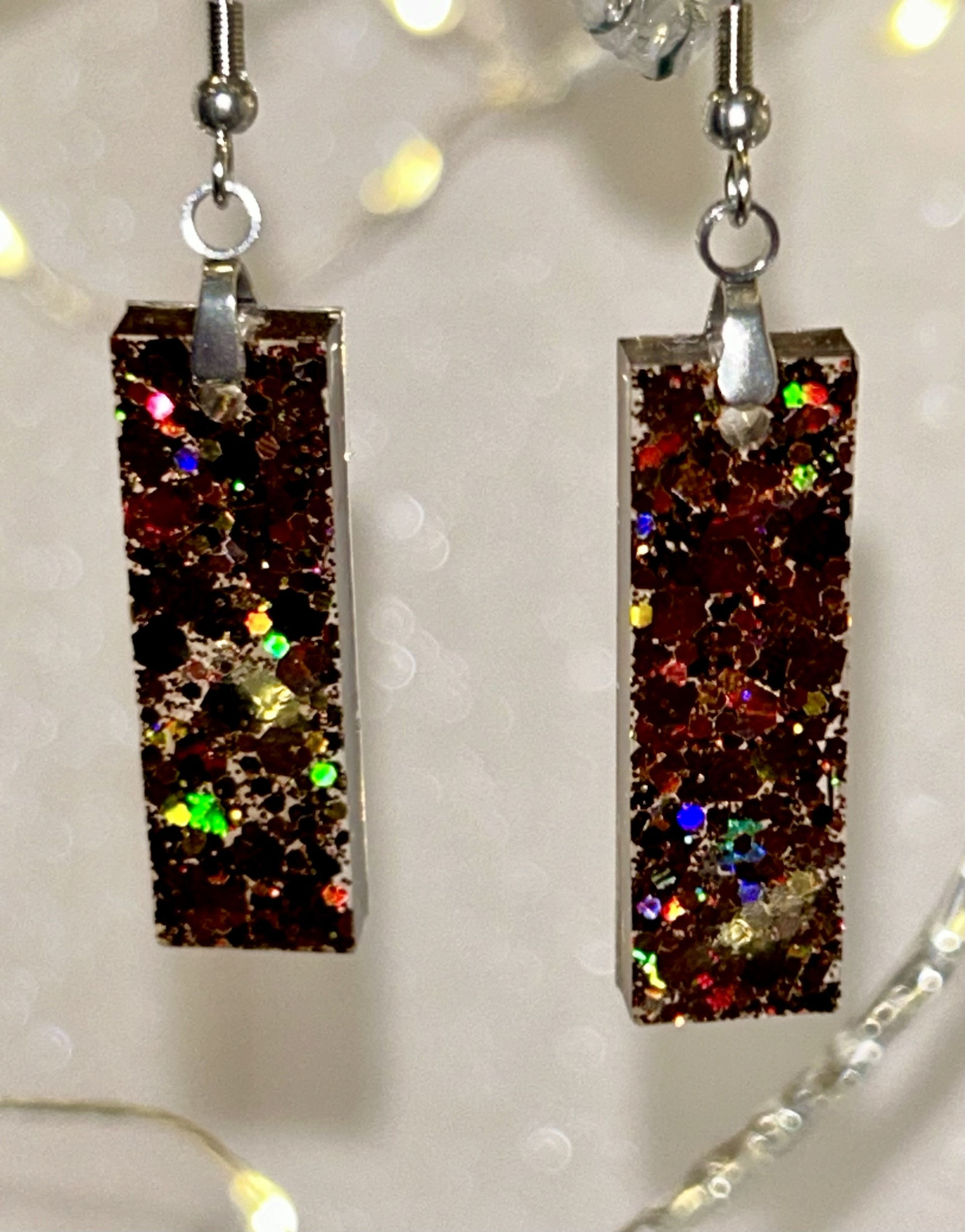 Brown resin stainless steel rectangle-shaped pierced earrings