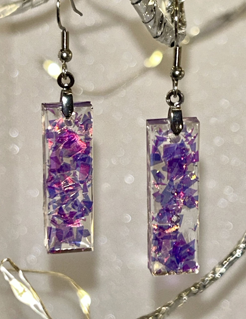 Purple resin stainless steel rectangle-shaped pierced earrings