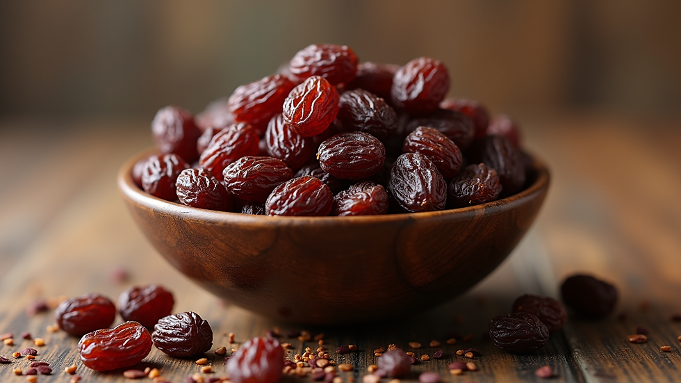 Eye-level view of a bowl filled with homemade paan flavored raisins