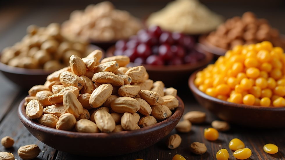 Eye-level view of assorted Indian dry fruits and nuts in bowls