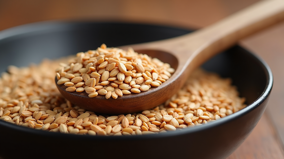 Close-up view of a bowl filled with flax seeds and a wooden spoon