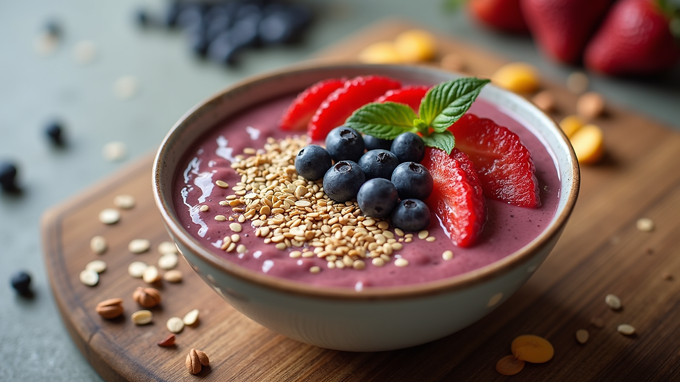Eye-level view of a smoothie bowl topped with ground flax seeds and fresh fruit