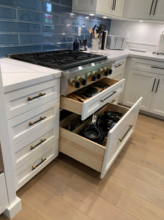 White kitchen cabinets with open drawers filled with utensils and cookware