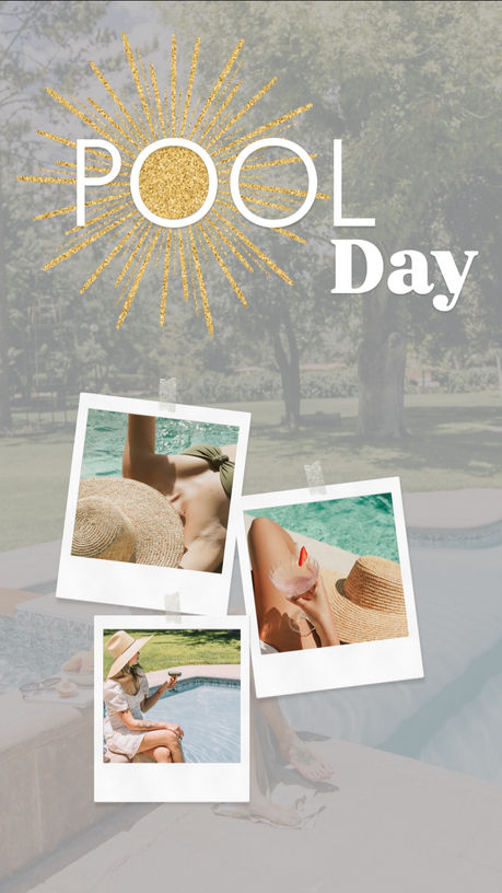 Ein Handy mit einen Bild für Social Media. Darauf kann man beispielsweise sehen wie man die Sticker, Presets und Hintergründe verwenden kann. Motiv:Tag am Pool