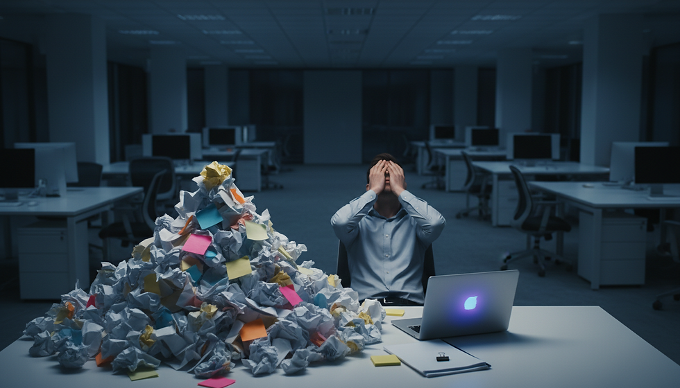 Un adulto agobiado por el trabajo y el desorden