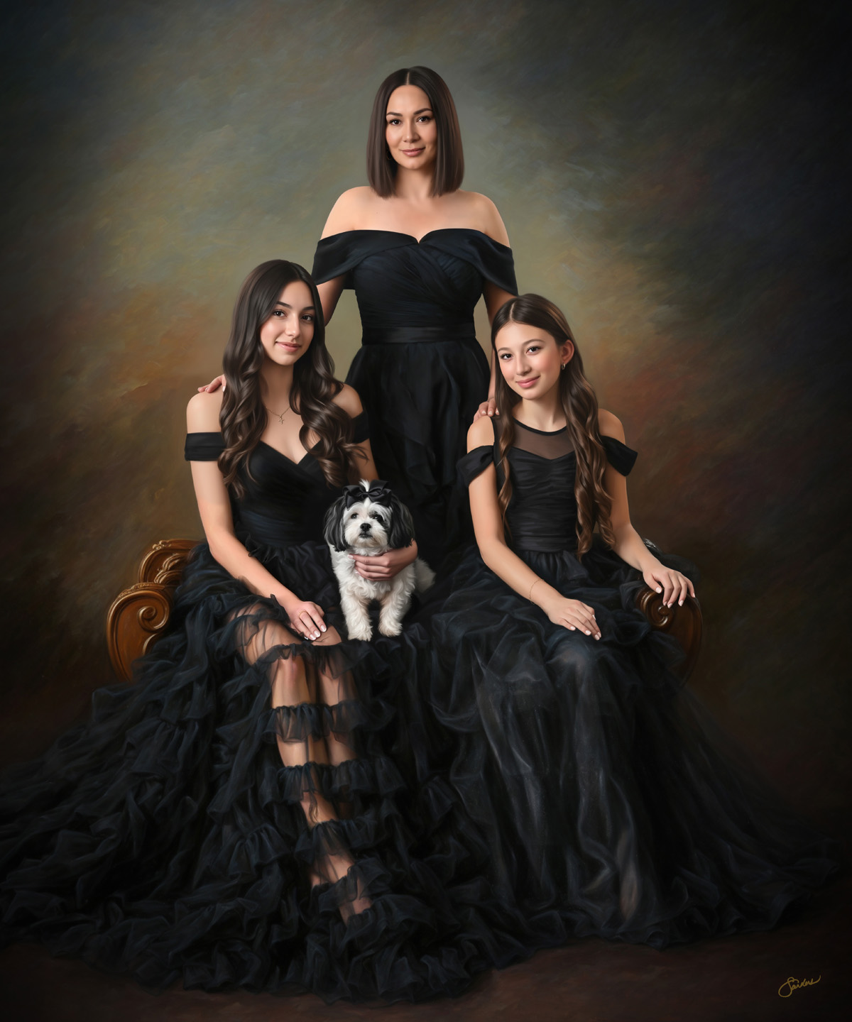 Fine art portrait of a mother and two daughters in black gowns with their small dog