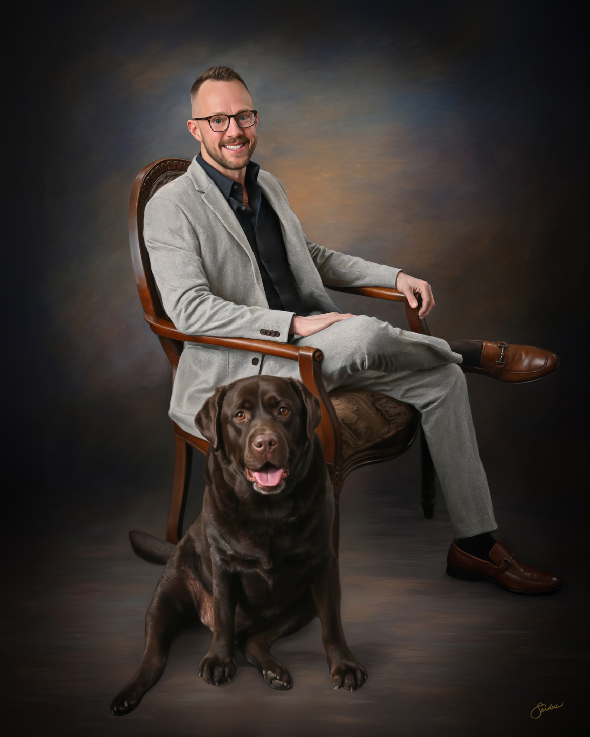 Fine art portrait of a man seated with his chocolate Labrador