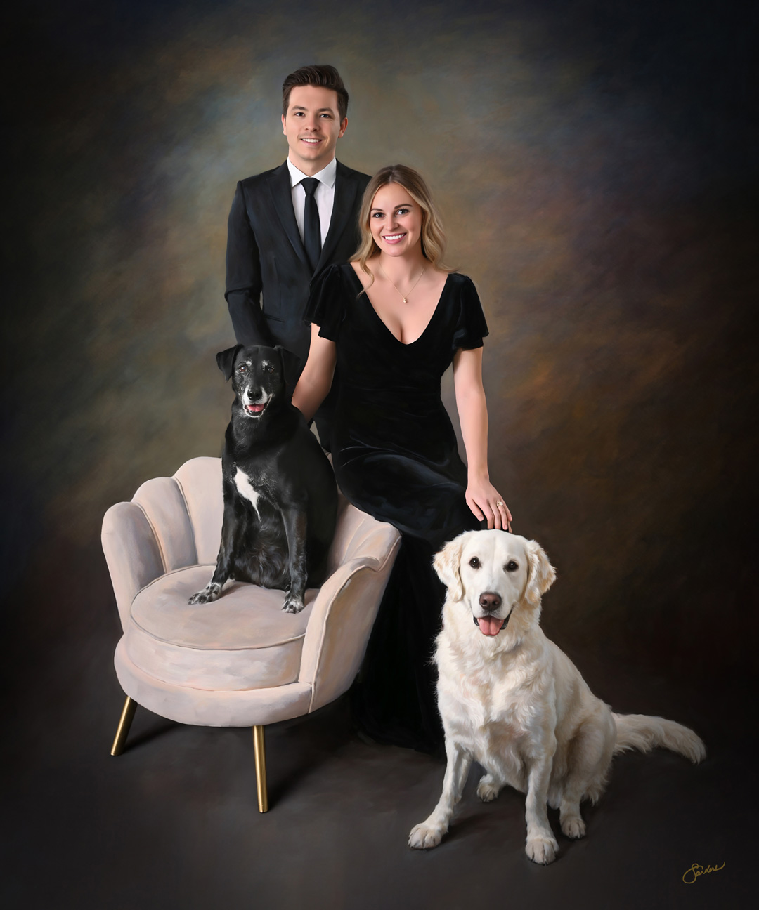 Fine art couple portrait with their black dog and golden retriever