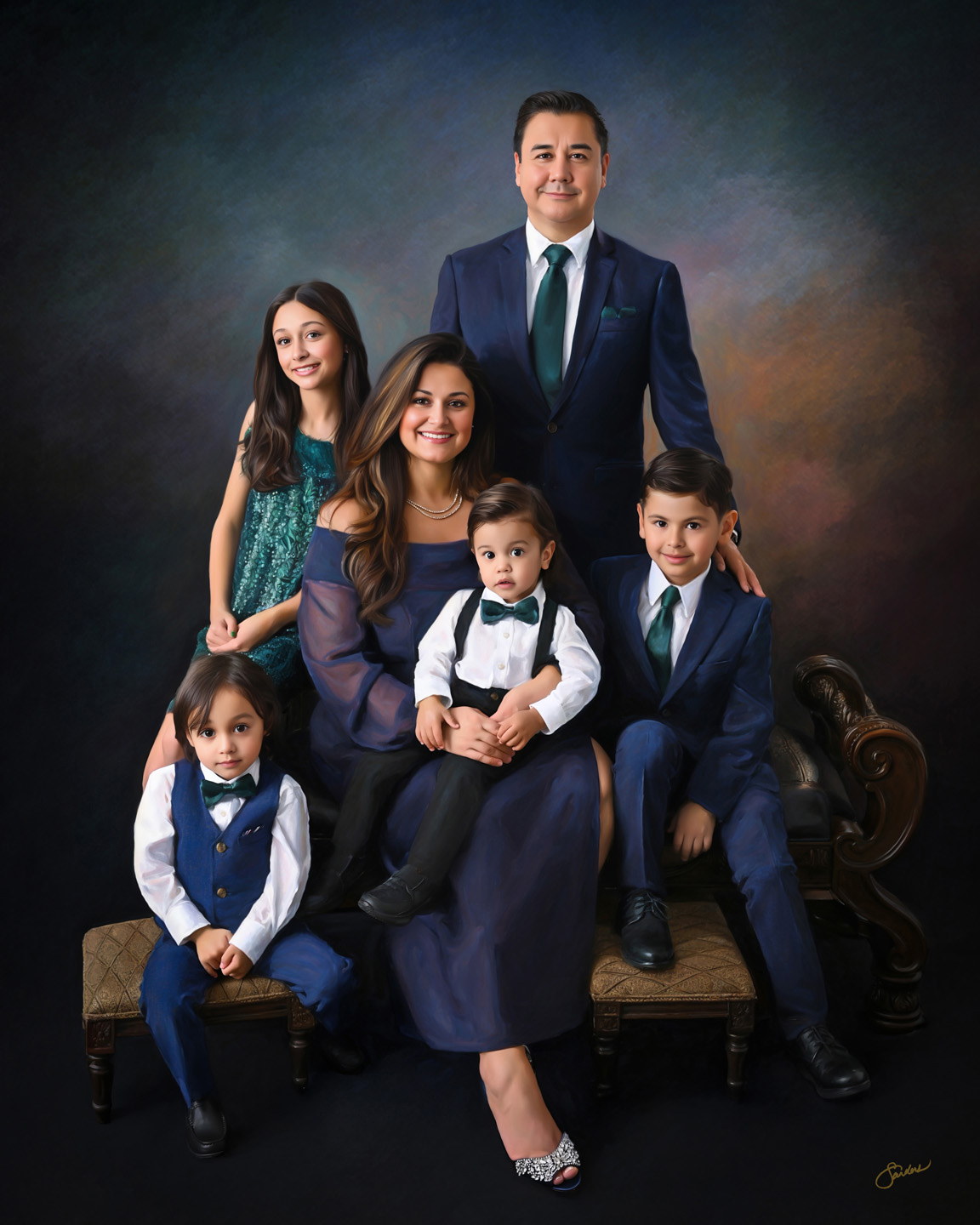 Fine art family portrait of parents and five children in navy and jewel tones