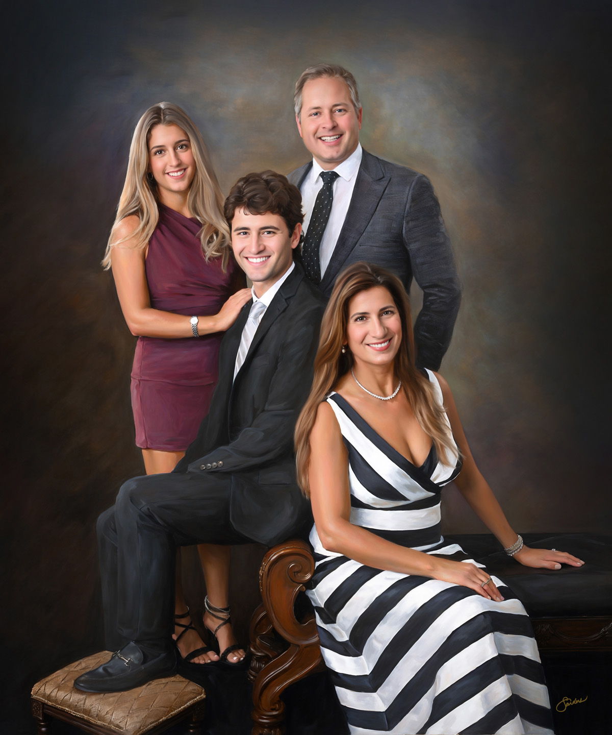 Fine art family portrait of four adults in formal attire