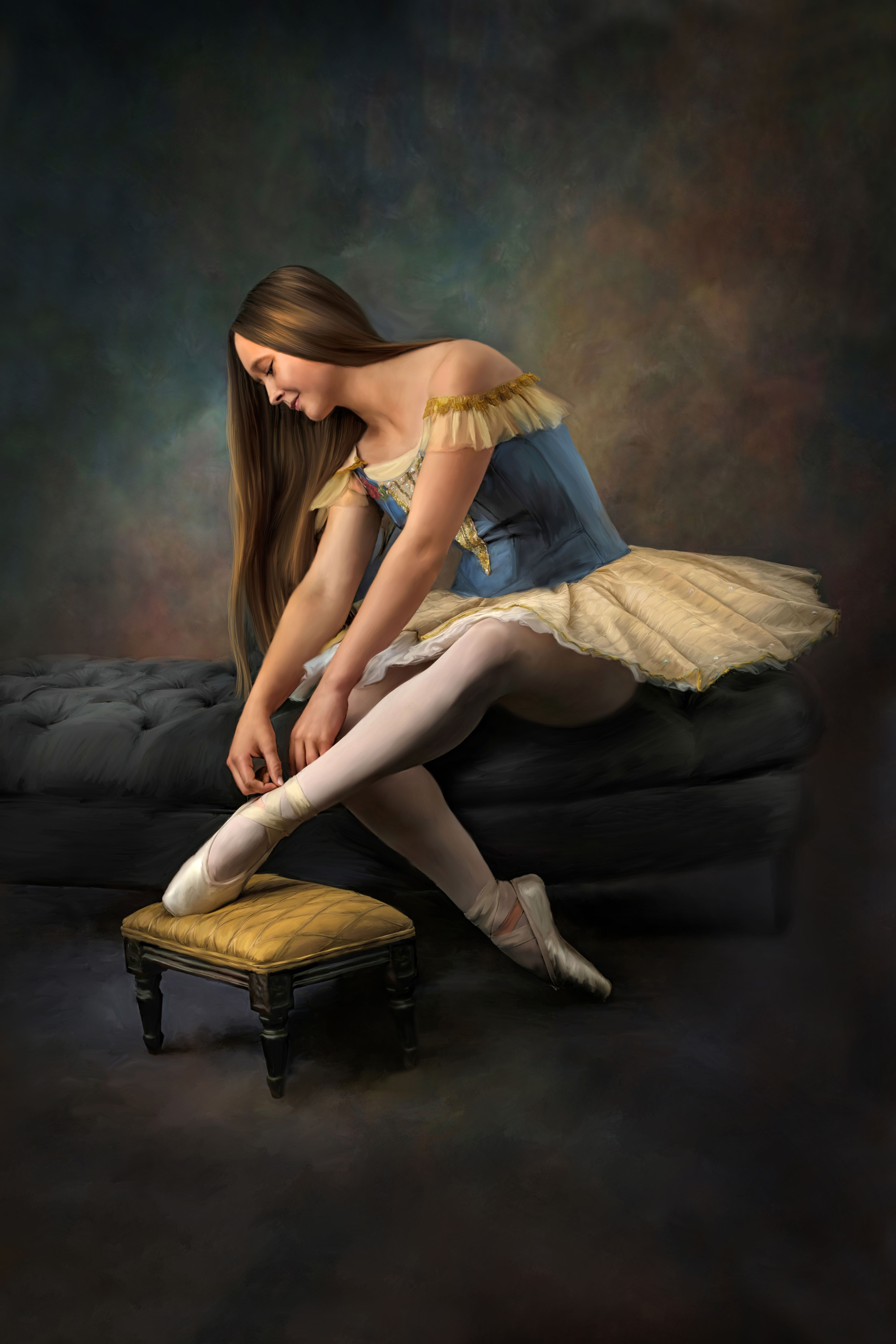 Fine art portrait of a young ballerina tying her pointe shoe