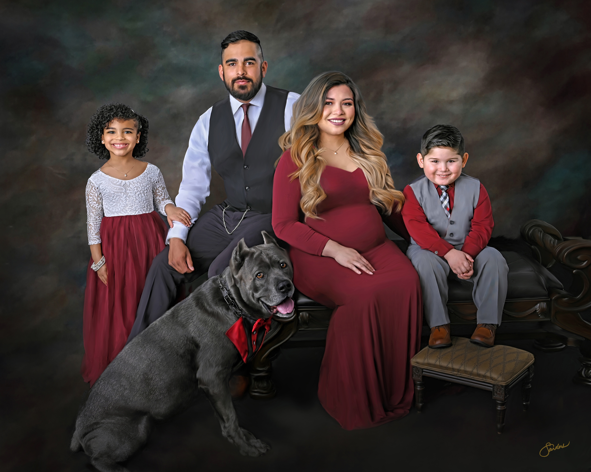 Fine art family portrait of four in burgundy and gray with their dog