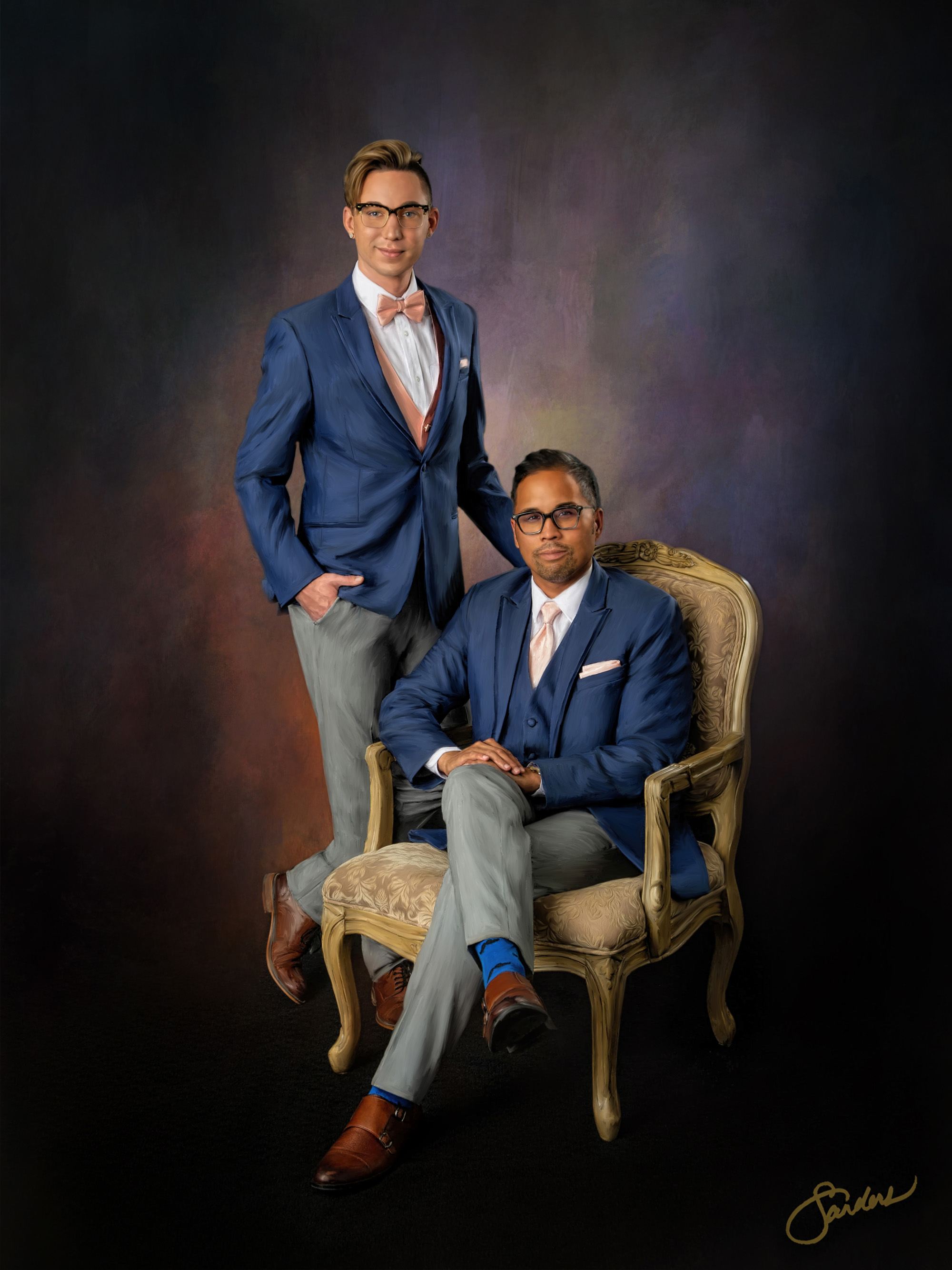 Fine art portrait of two men in coordinating blue suits