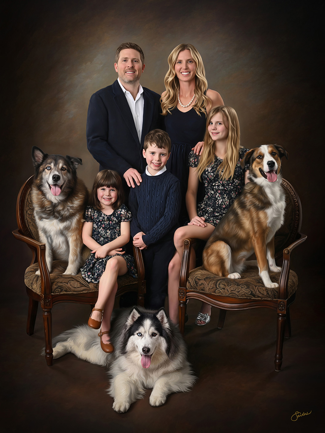 Fine art family portrait of five with their three dogs