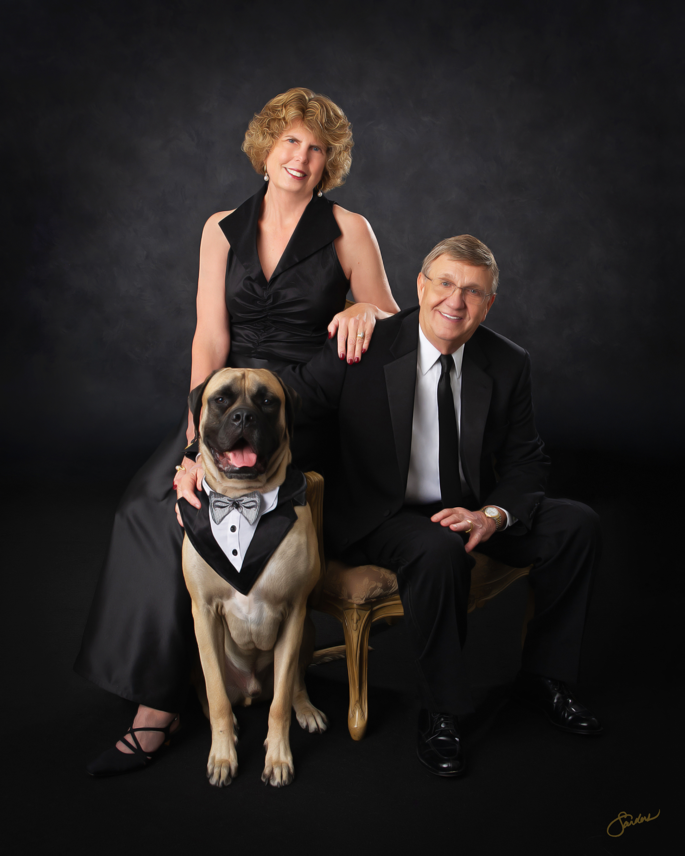 Fine art couple portrait with their mastiff wearing a bow tie