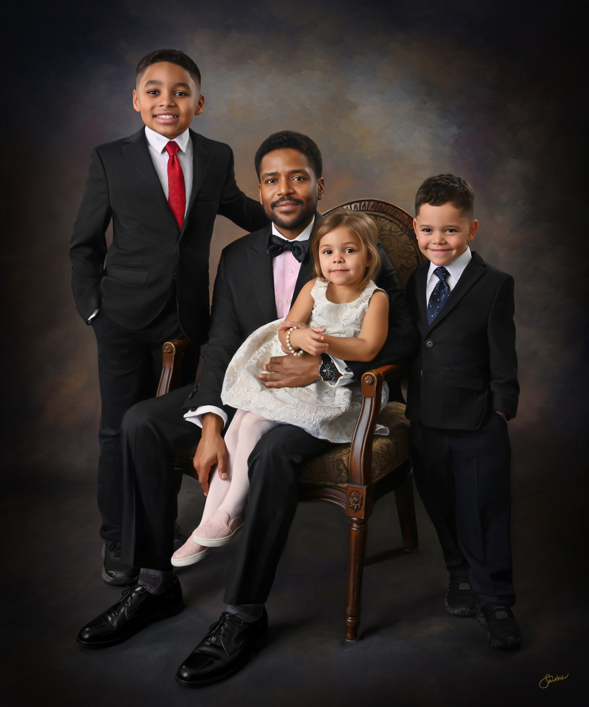 Fine art family portrait of parents and three children in formal black attire