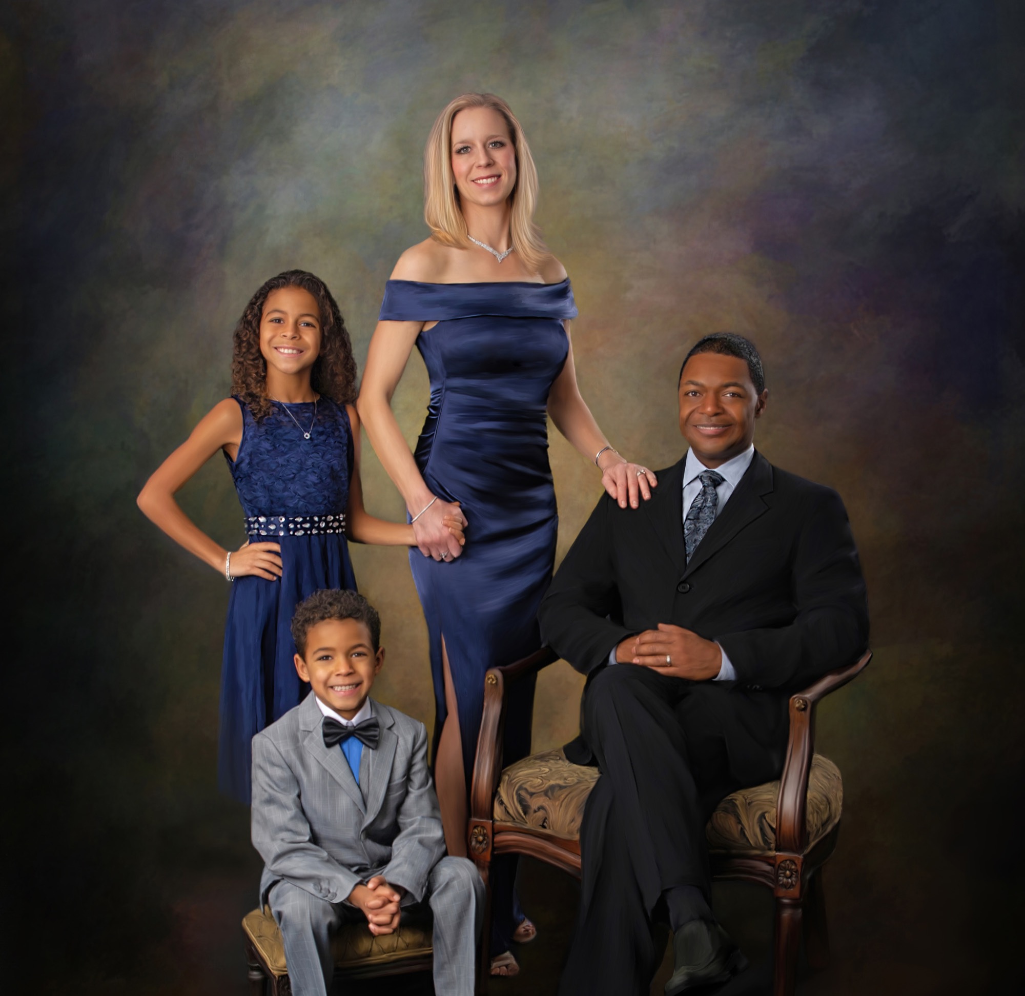 Fine art family portrait of parents with a daughter and young son in navy and blue tones