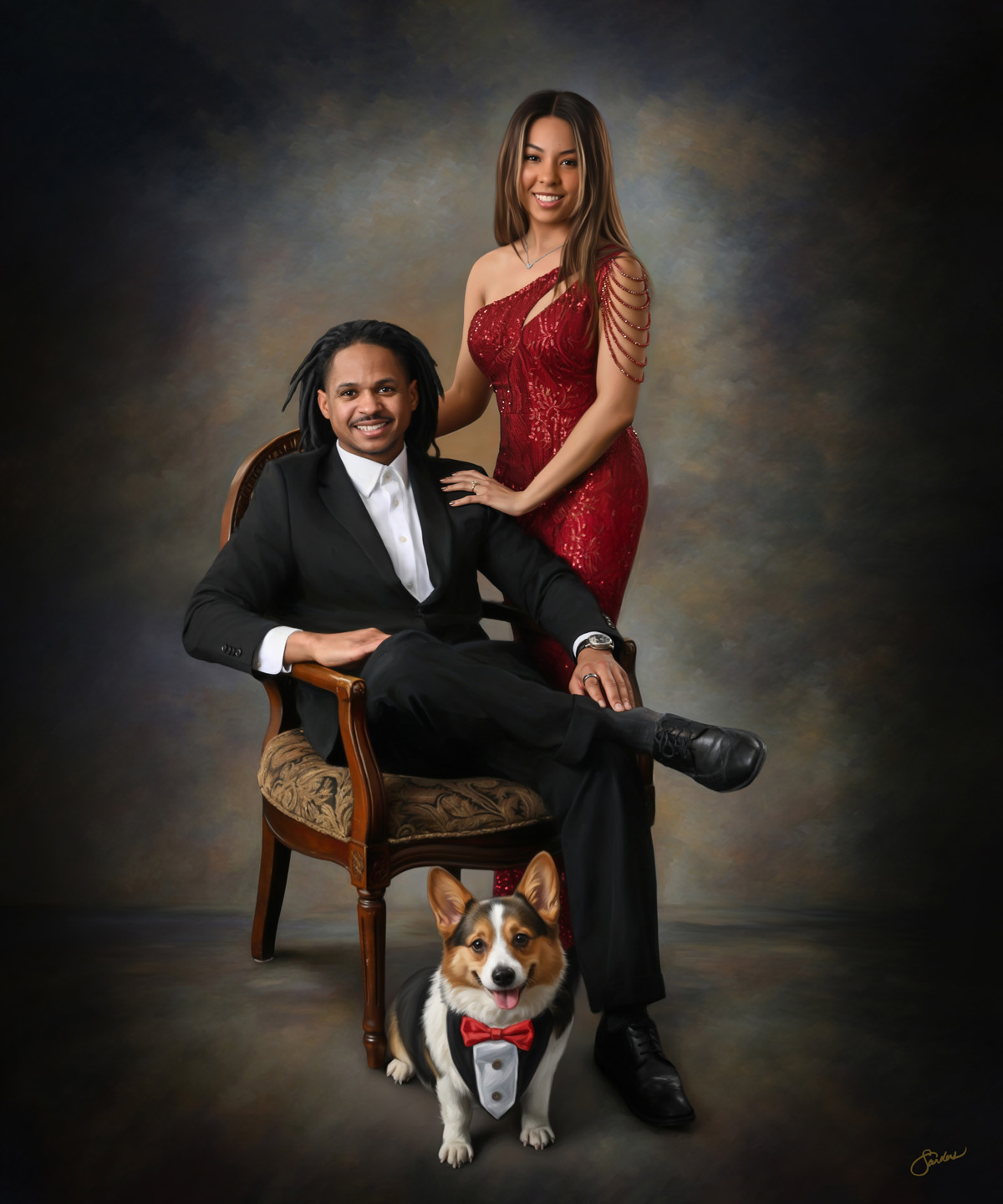 Fine art couple portrait with their corgi, woman in a red gown