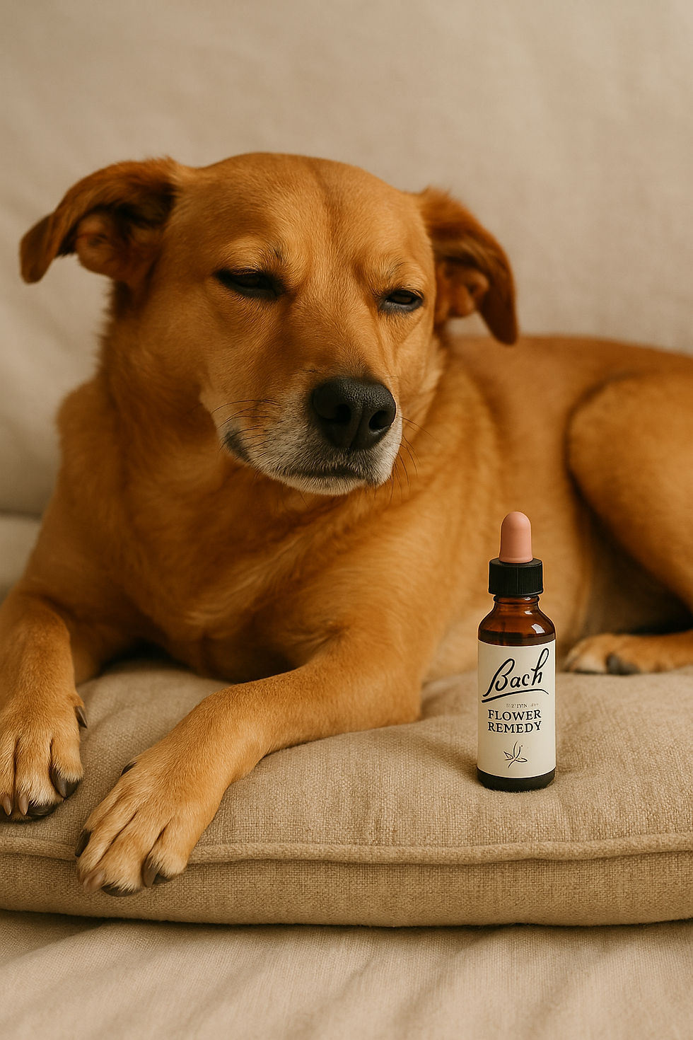 chien détendu sur un coussin avec un flacon de fleurs de bach à ses côtés