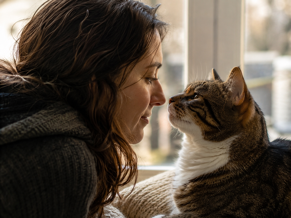 Moment de lien silencieux entre une femme et son chat près d’une fenêtre, symbole de communication intuitive animale, de présence et de dialogue subtil.