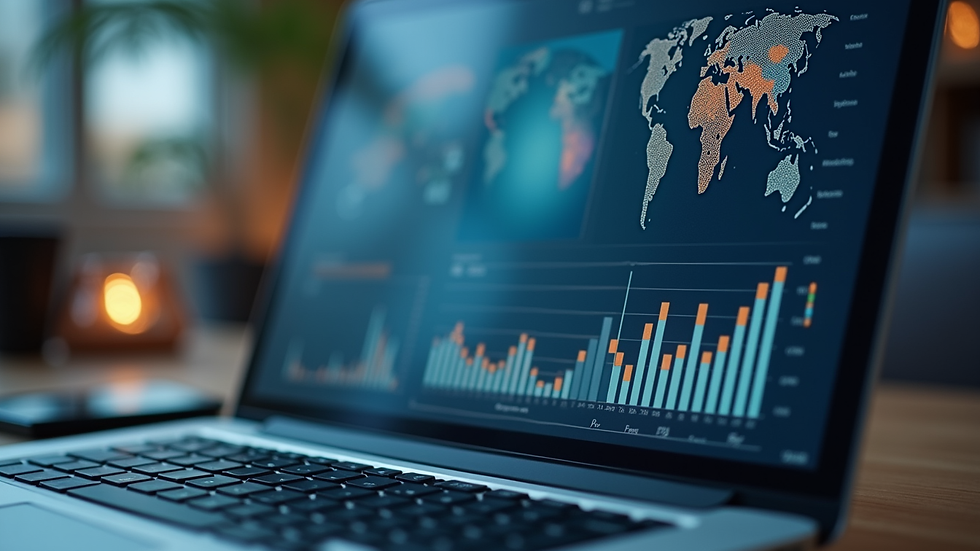 Eye-level view of a laptop screen showing data analysis software with graphs and maps
