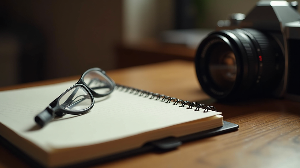 Eye-level view of a detective's notebook and camera on a wooden table