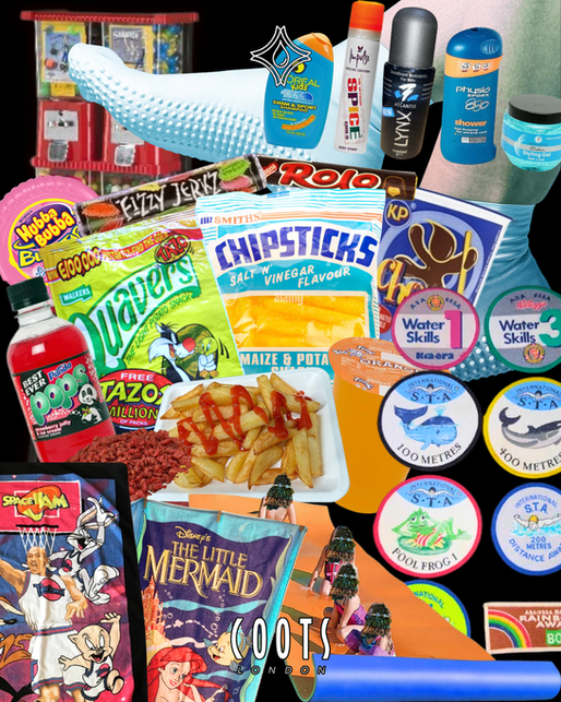 All things related to swimming in the 90s. Collage of 90s retro snacks, shampoo, and chips. Includes Hubba Bubba gum, L'Oréal shampoo, fries with ketchup, and The Little Mermaid design.