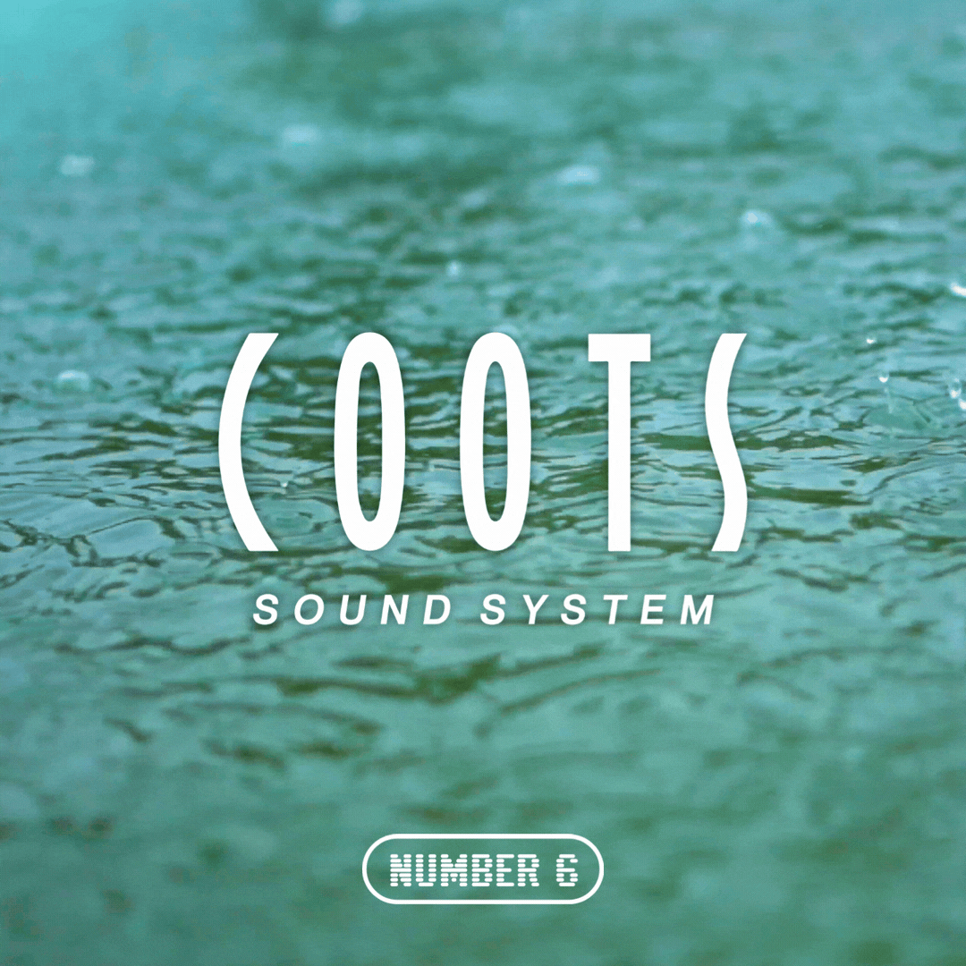 Teal water background with text "COOTS Sound System" and "NUMBER 6" in white. Rain falls. Rippling water creates a serene, aquatic vibe.