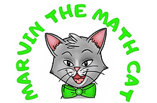 Marvin the Math Cat Logo showing a grey cat with a green bow tie with the words Marvin the Math Cat curved over the top of his head.