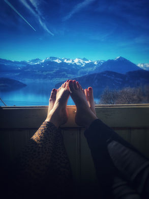 overlooking a lake and Mountains