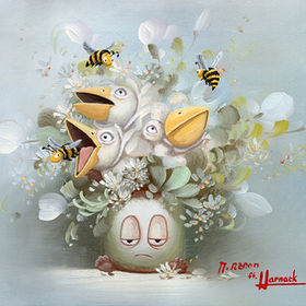 surreal floral painting  with animated flower pot creature by canadian artist josh harnack