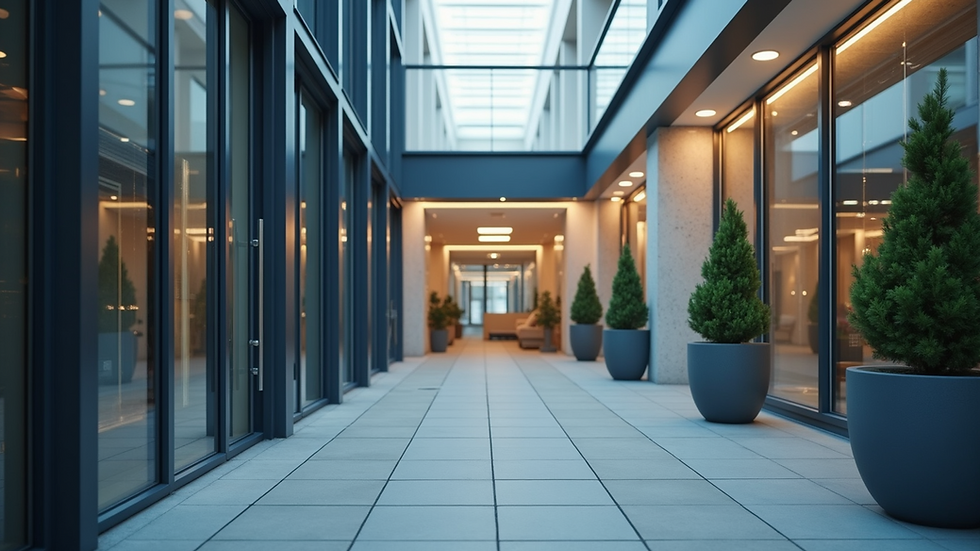 Eye-level view of modern commercial building exterior