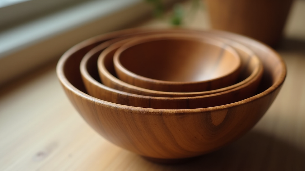 Eye-level view of a set of nested wooden bowls with smooth finish