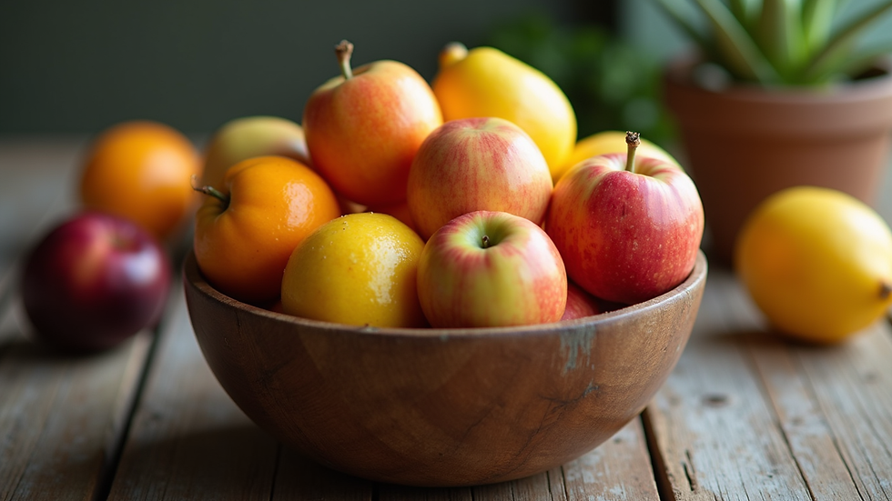 Eye-level view of a wooden bowl filled with fresh fruit on a rustic table
