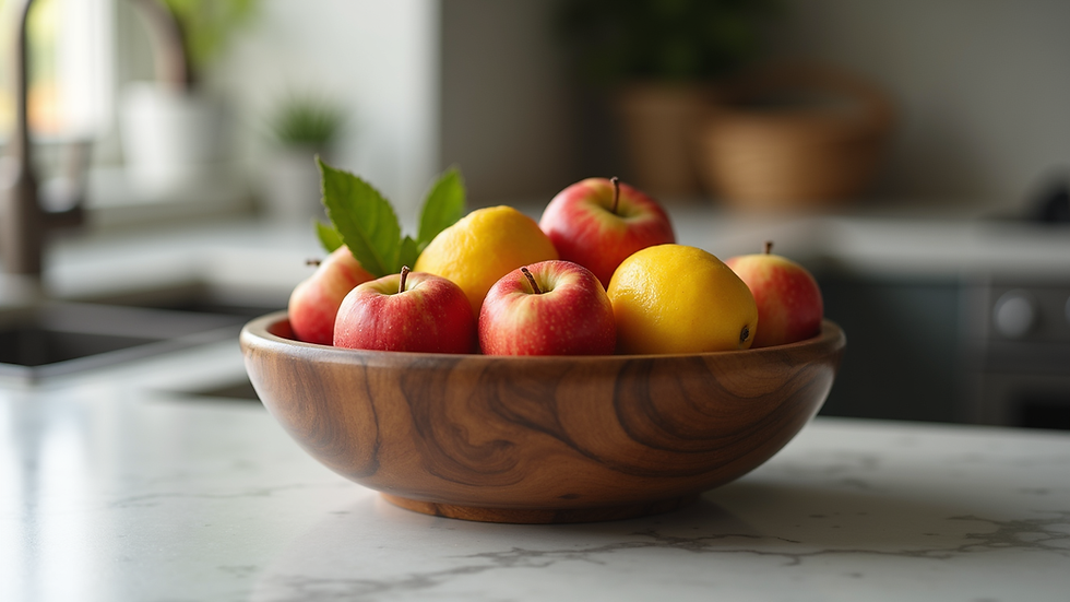 Eye-level view of a polished walnut wood bowl filled with fresh fruit on a kitchen counter