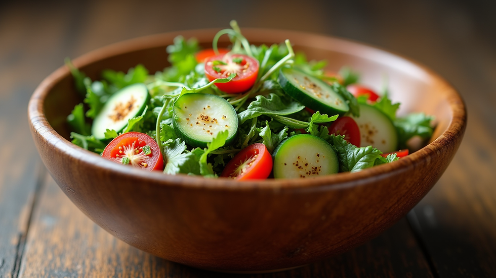 Close-up view of a polished wooden bowl filled with fresh salad
