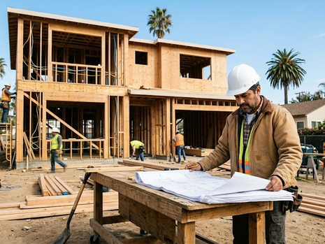 Builder in a hard hat examines blueprints on a table at a wooden house construction site. Workers in yellow vests, palm trees in the background.